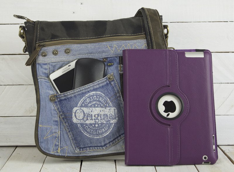 Bolso Bandolera Sostenible Mujer Sunsa. Cartera hecha de jeans reciclados y lona (canvas). Bolso bandolera con forma de mensajero. Bolso bandolera de estilo vintage. Bolso bandolera grande para mujer.