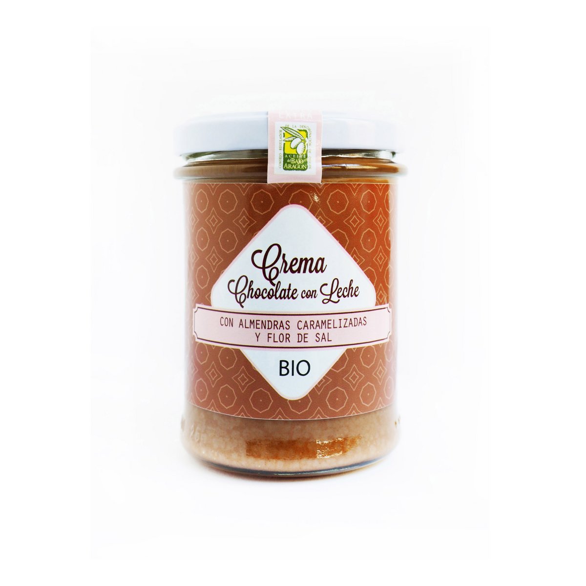 CREMA BIO til mad: Chocolate con Leche, Almendras caramelizadas y Flor de Sal (caja de 9 unidades de 200g)