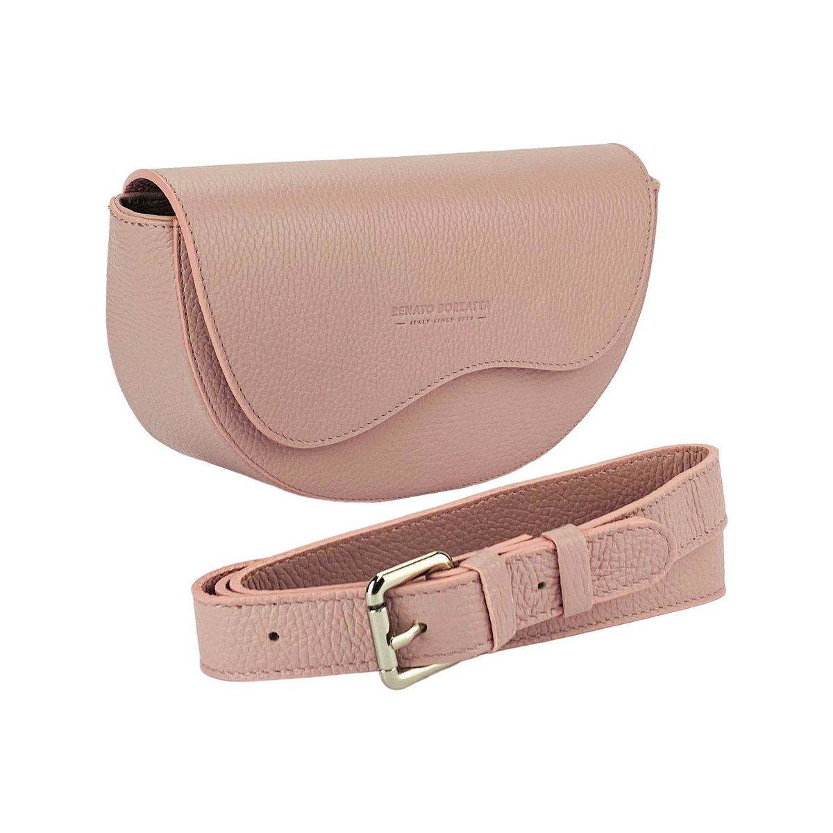 RB1027AZ | Sac bandoulière arrondi pour femme en cuir véritable Fabriqué en Italie. Bandoulière en cuir amovible et réglable. Accessoires en Nickel Poli - Couleur Rose Antique - Dimensions : 25 x 15 x 9 cm