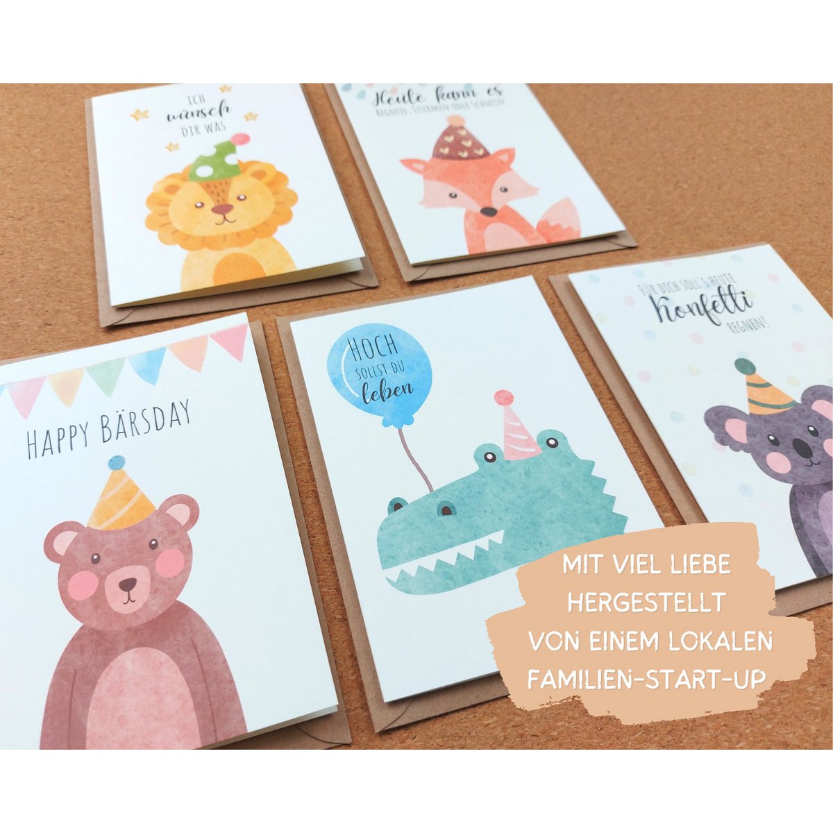 Juego de tarjetas de cumpleaños para niños y adultos con animales, 5 tarjetas plegables con sobres, juego de tarjetas de felicitación de cumpleaños