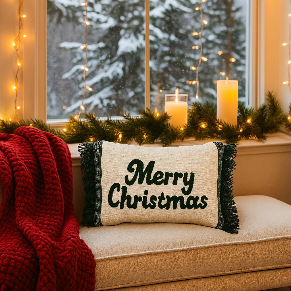 Green & Creme Merry Christmas – Funda de cojín / Kussenhoes – Navidad 35×50 cm con flecos – Urbane Hide