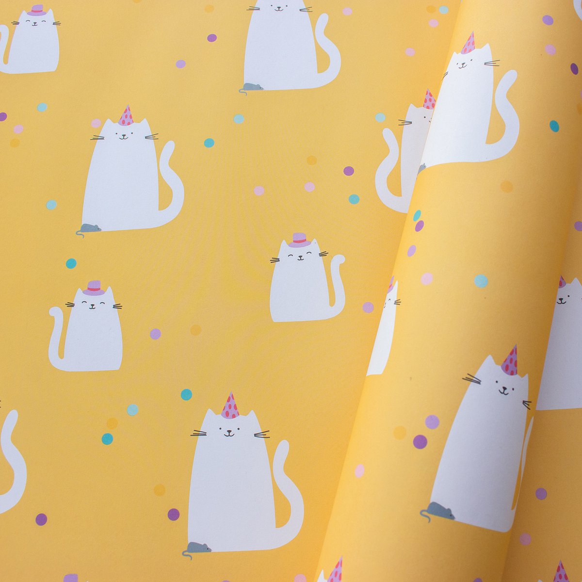 Papier do pakowania urodzin z kotami „Confetti Cats” w kolorze żółtym