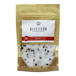 Natural sea salt of Lesvos, Greece with a pepper mix in a doypack packaging. The salt contains a blend of peppercorns for a flavorful seasoning.