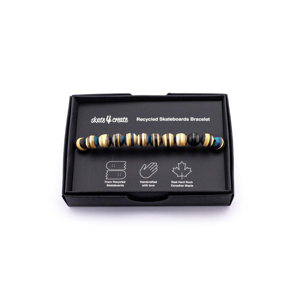 Recycled Skateboards Wood Bead Bracelet, Blue, 8mm beads, Unisex, Adjustable