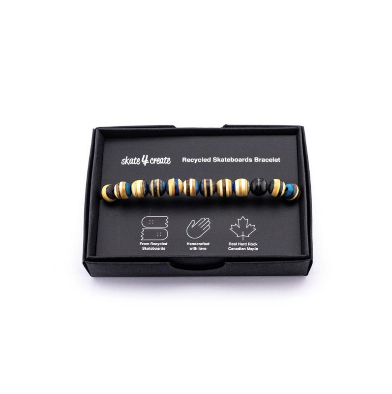 Pulsera de cuentas de madera de patinetas recicladas, azul, cuentas de 8 mm, unisex, ajustable