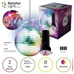 PartyFunLights – Rotierendes Spiegelkugel-Party-Set mit mehrfarbiger LED – inklusive Motor – 20 cm große Spiegelkugel – 8 Lichtpunkte