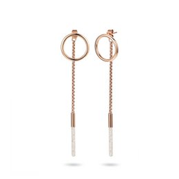 Rose gold stainless steel drop earrings with a stardust design and dangling chain accents.