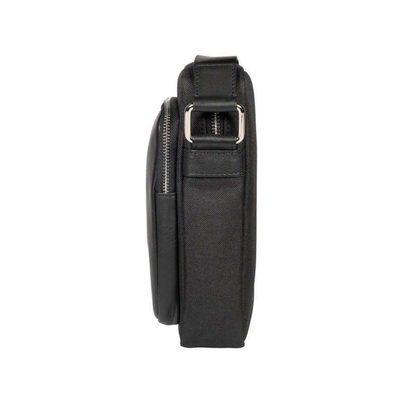 RB2002A | Skuldertaske i nylon/ægte læder, med let narvning. Lynlås og justerbar skulderrem - Sort farve - Mål: 15,5 x 21 x 7 cm Emballage: Non-woven stof taske