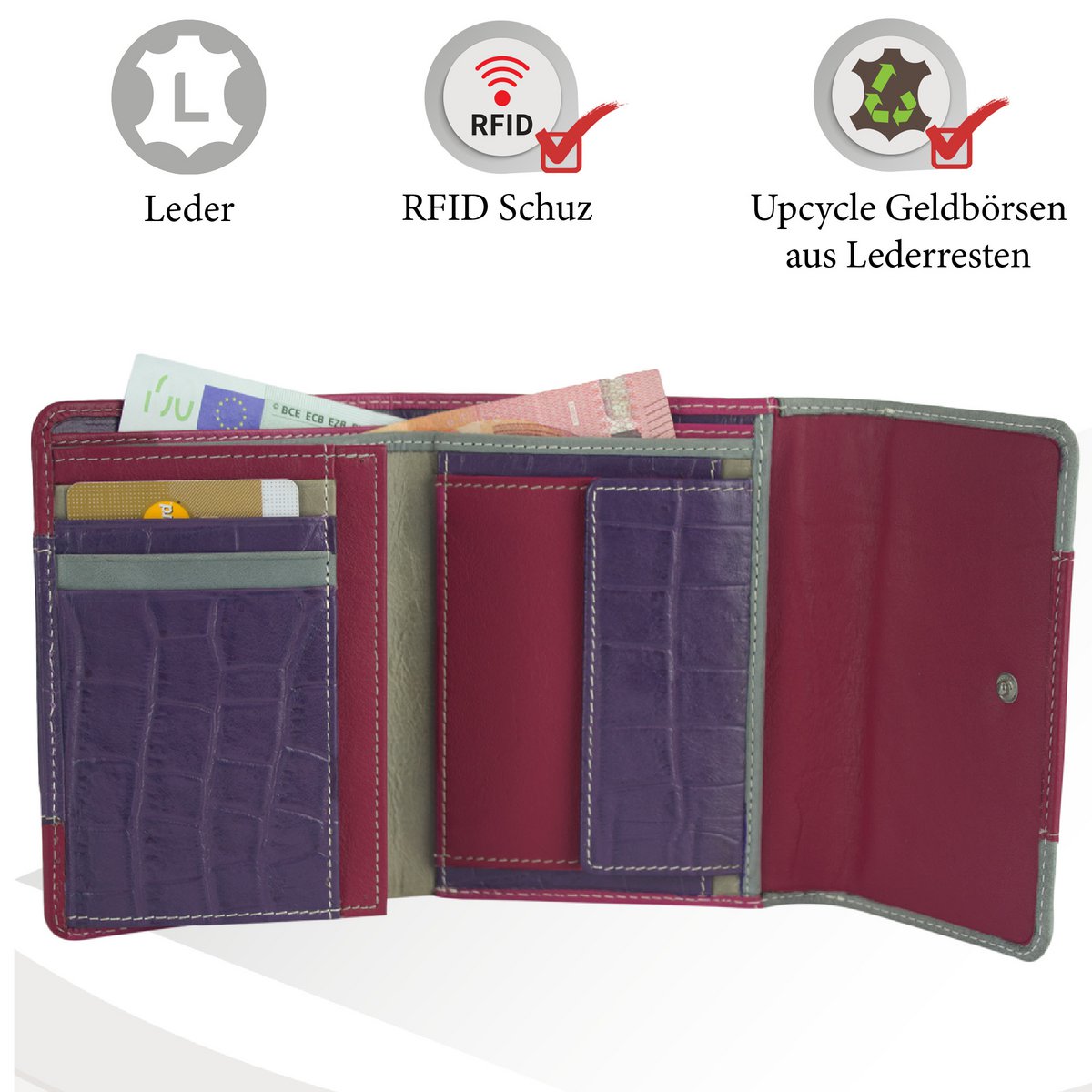 Sunsa damesportemonnee. Leren portemonnee. Portemonnee met RFID-bescherming. Portemonnee gemaakt van overgebleven leer. middelgrote portemonnee voor dames met veel creditcardvakjes - portemonnee voor dames, cadeau-idee