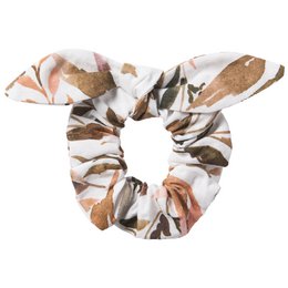  Scrunchie with bow in caramel and foliage print. Soft, stretchy fabric for comfortable wear.