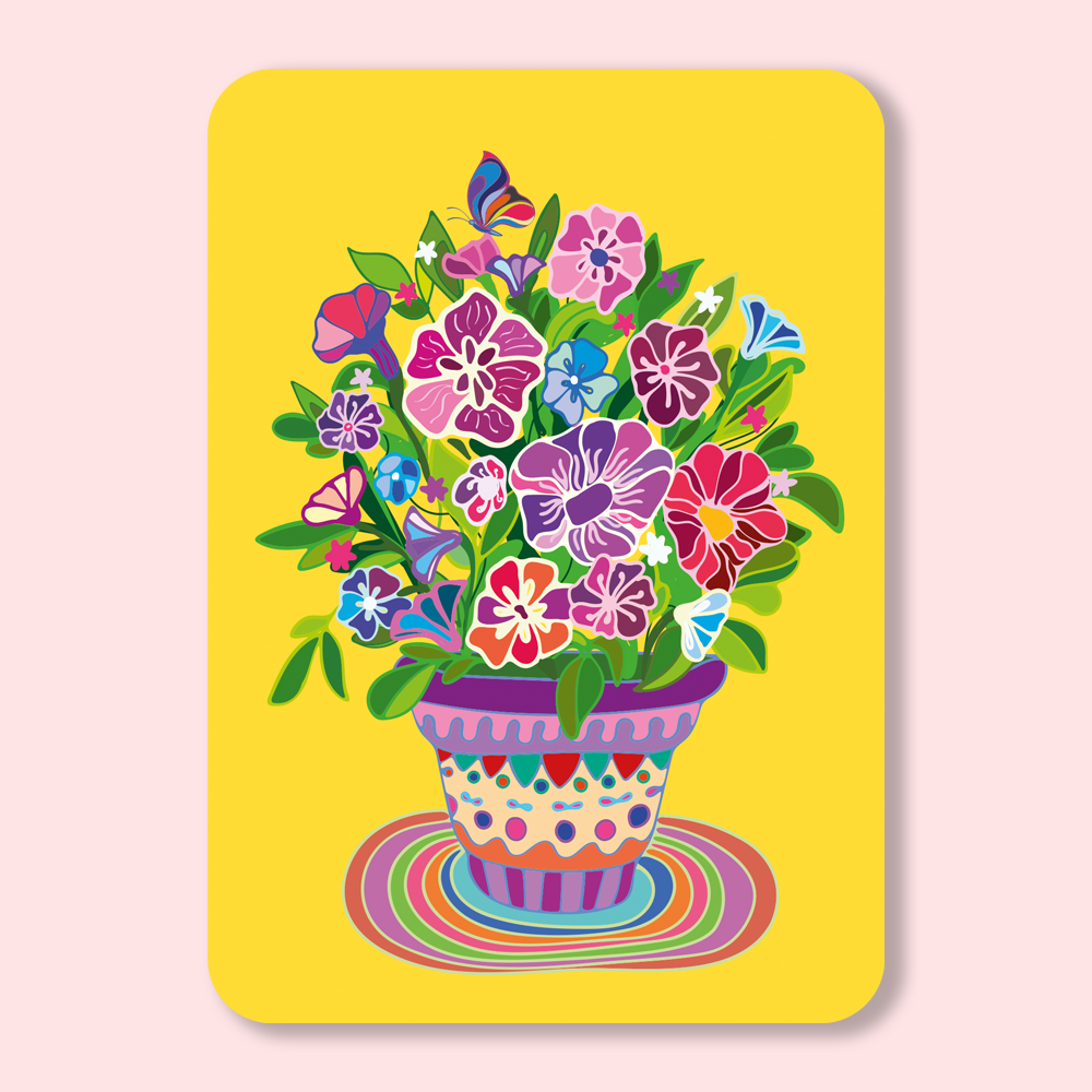 Bunte Blumentopf-Postkarte