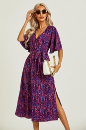 Angel Sleeve Wrap Top Midi kjole i blå