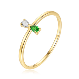 18 carat gold double stone ring with green and white stones, suitable for stacking.
