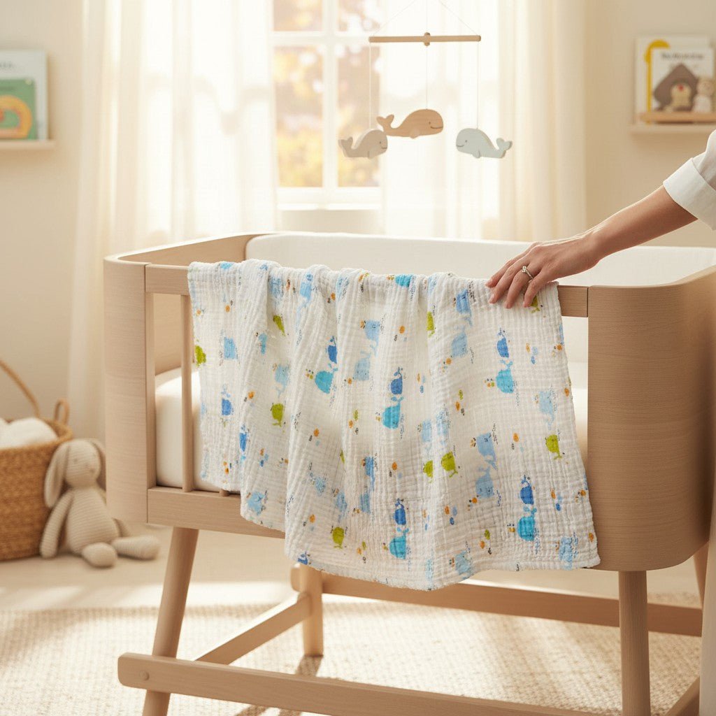 Nuvinokids® 6-lags bomuldsmuslin babytæppe blåhvaler