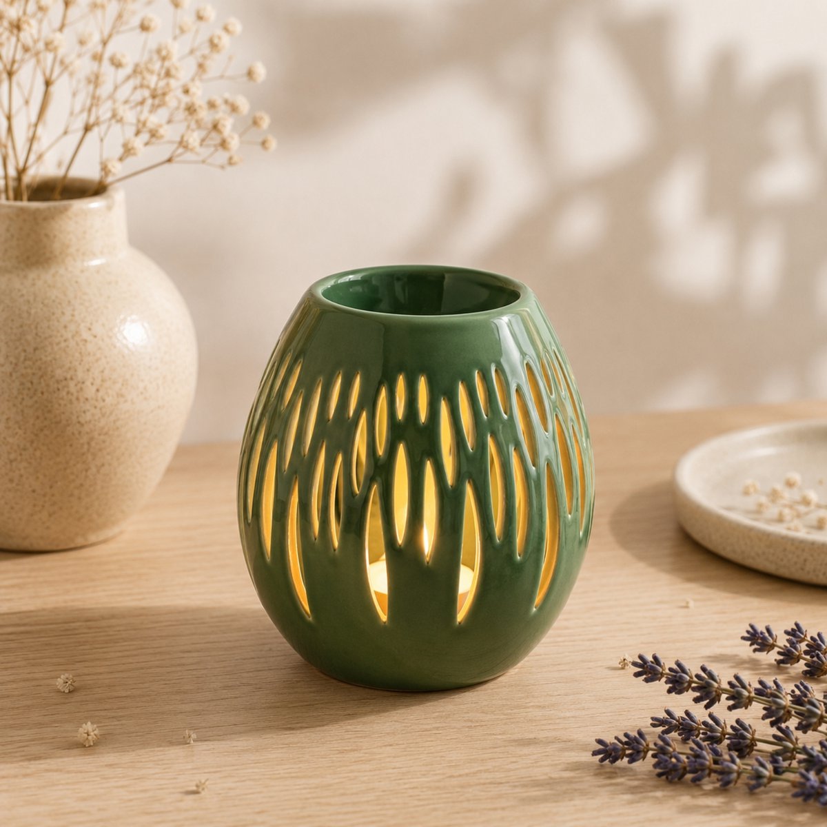 Kominek do perfum z serii Céramy – Ovali Olive – Lakierowany ceramiczny świecznik – Dyfuzja wosków zapachowych, olejków eterycznych – Dekoracyjny pomysł na prezent