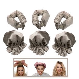 Heatless curls hair accessory in gray and pink colors, made of soft, stretchy material. Designed to create effortless curls without heat damage.