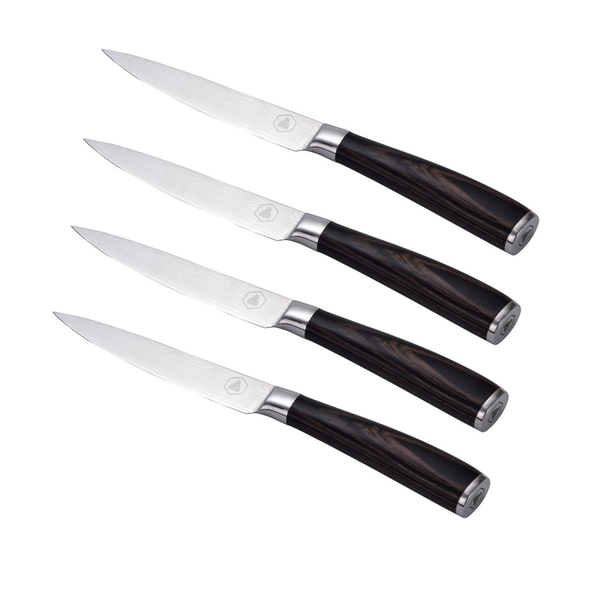 LAGUIOLE, sæt med 4 bøfknive, skarpe knive, udskæringsknive, bordbestik, klinge i rustfrit stål, Pakka træskaft, brun