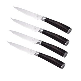 LAGUIOLE, sæt med 4 bøfknive, skarpe knive, udskæringsknive, bordbestik, klinge i rustfrit stål, Pakka træskaft, brun