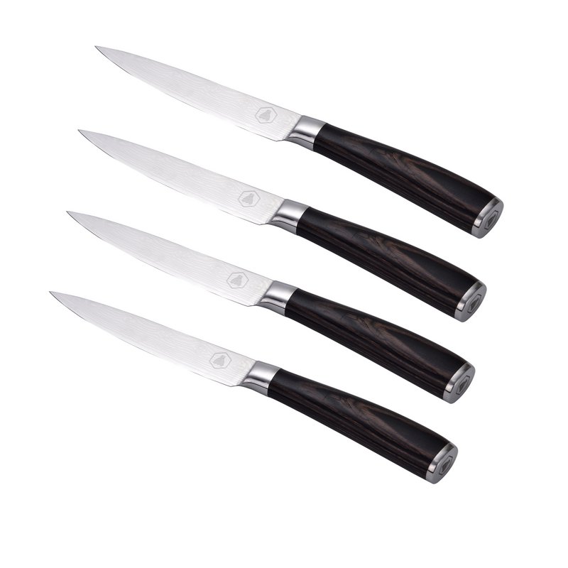 LAGUIOLE, sæt med 4 bøfknive, skarpe knive, udskæringsknive, bordbestik, klinge i rustfrit stål, Pakka træskaft, brun