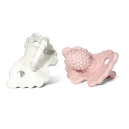 Two soft, textured teething toys in pink and white colors, designed to soothe and comfort a baby's gums during the teething process.