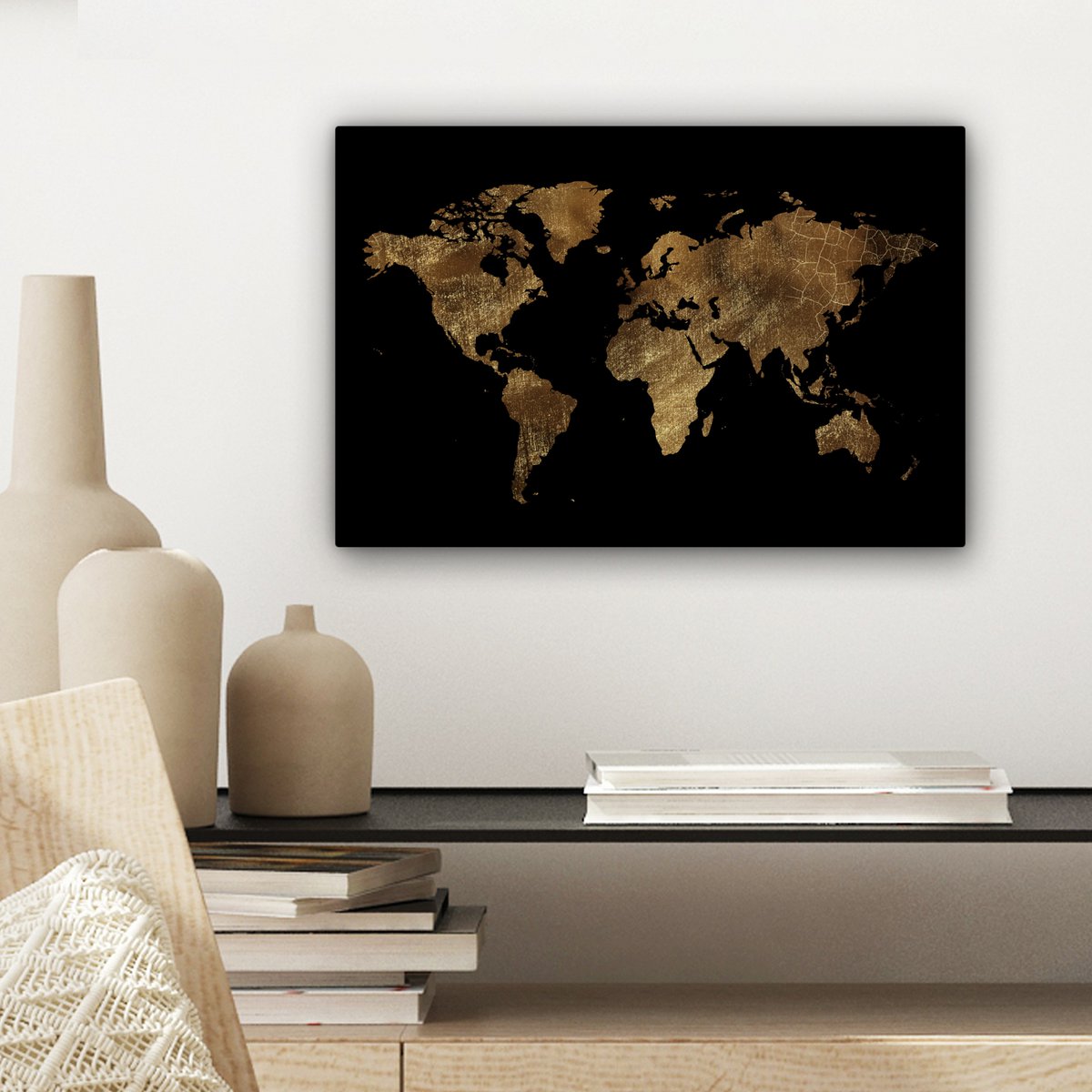 Canvas schilderij  - Wanddecoratie - Wereldkaart - Goud - Luxe - Aarde - Zwart