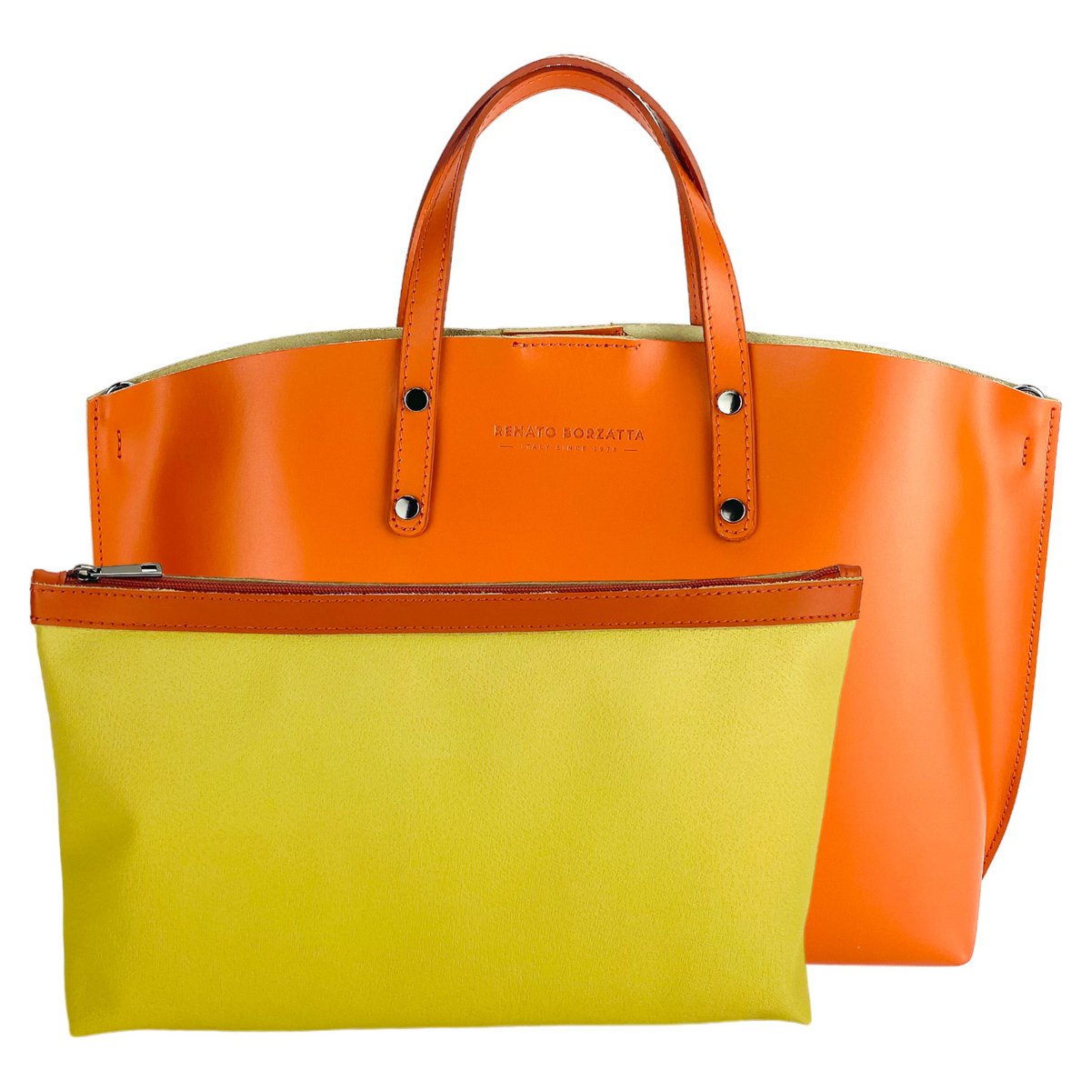 RB1024AM | Borsa Donna a Mano in Vera Pelle Made in Italy con tracolla removibile. Sacca grande interna estraibile. Accessori Canna di Fucile Lucido - Colore Paprika - Dimensioni: cm 48x31x11