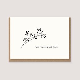Folding card with envelope featuring a minimalist floral design and the German text "Wir trauern mit euch" meaning "We mourn with you". This condolence card is suitable for expressing sympathy and support during times of grief.