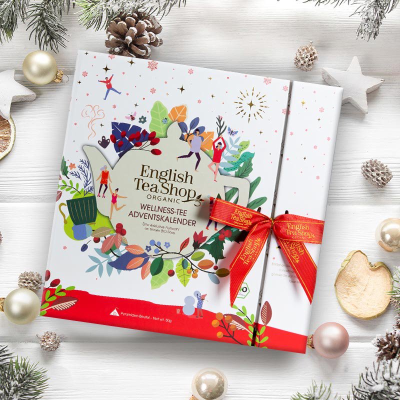 ETS - Teebuch Tee Adventskalender mit Schleife "Wellness", 25 Boxen mit BIO-Tee in hochwertigen Pyramiden