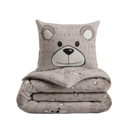 A cozy, gray children's duvet set featuring a cute bear design. The set includes a duvet cover and pillow case, perfect for creating a comfortable and playful sleeping environment for kids.