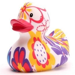 Colorful rubber duck toy for kids' bath time. Features a vibrant floral pattern in shades of pink, yellow, and purple. Designed with a whimsical, playful aesthetic.