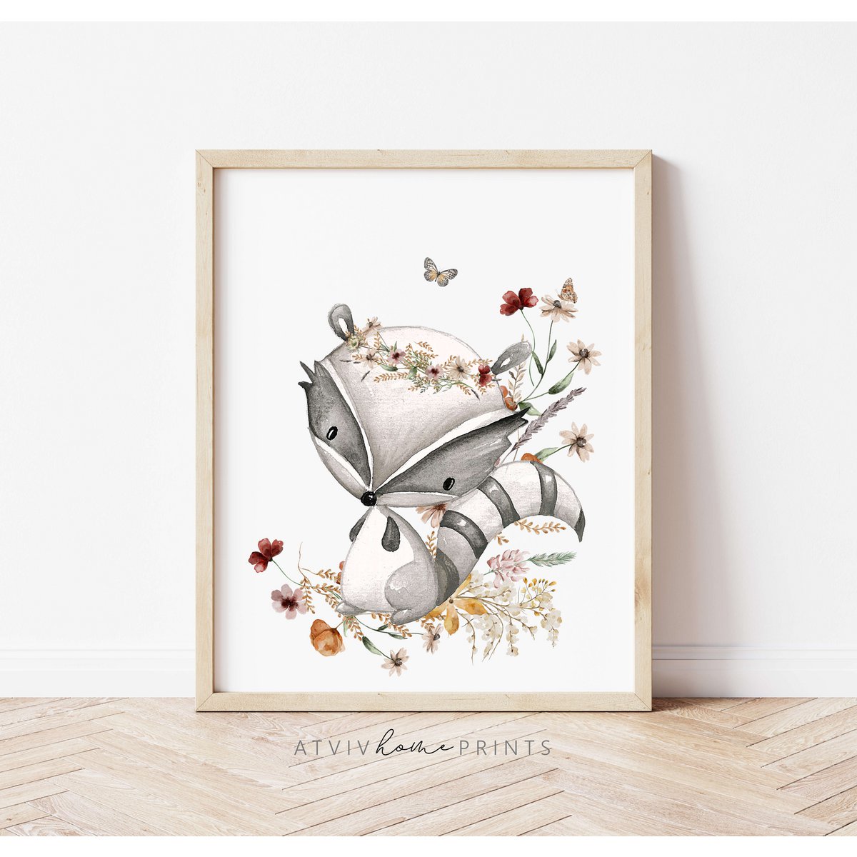 Impresión de vivero de mapache, póster de mapache, impresión de vivero floral, póster de animales del bosque, impresión de flores silvestres, póster de vivero de niñas, habitación de niñas