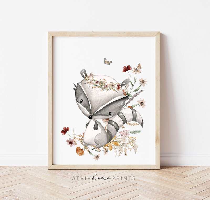 Impresión de vivero de mapache, póster de mapache, impresión de vivero floral, póster de animales del bosque, impresión de flores silvestres, póster de vivero de niñas, habitación de niñas