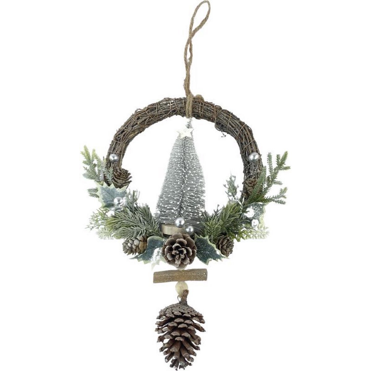 Corona di Natale in rattan - Bacca bianca | ø 39 cm | Opportunità natalizia decorativa in rattan e pigne con albero di Natale | bianco