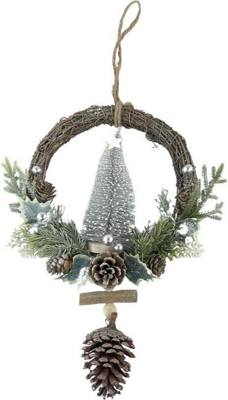 Rattan Christmas wreath - White berry | ø 39 cm | Decorative Christmas opportunity made of rattan and pine cones with Christmas tree | White