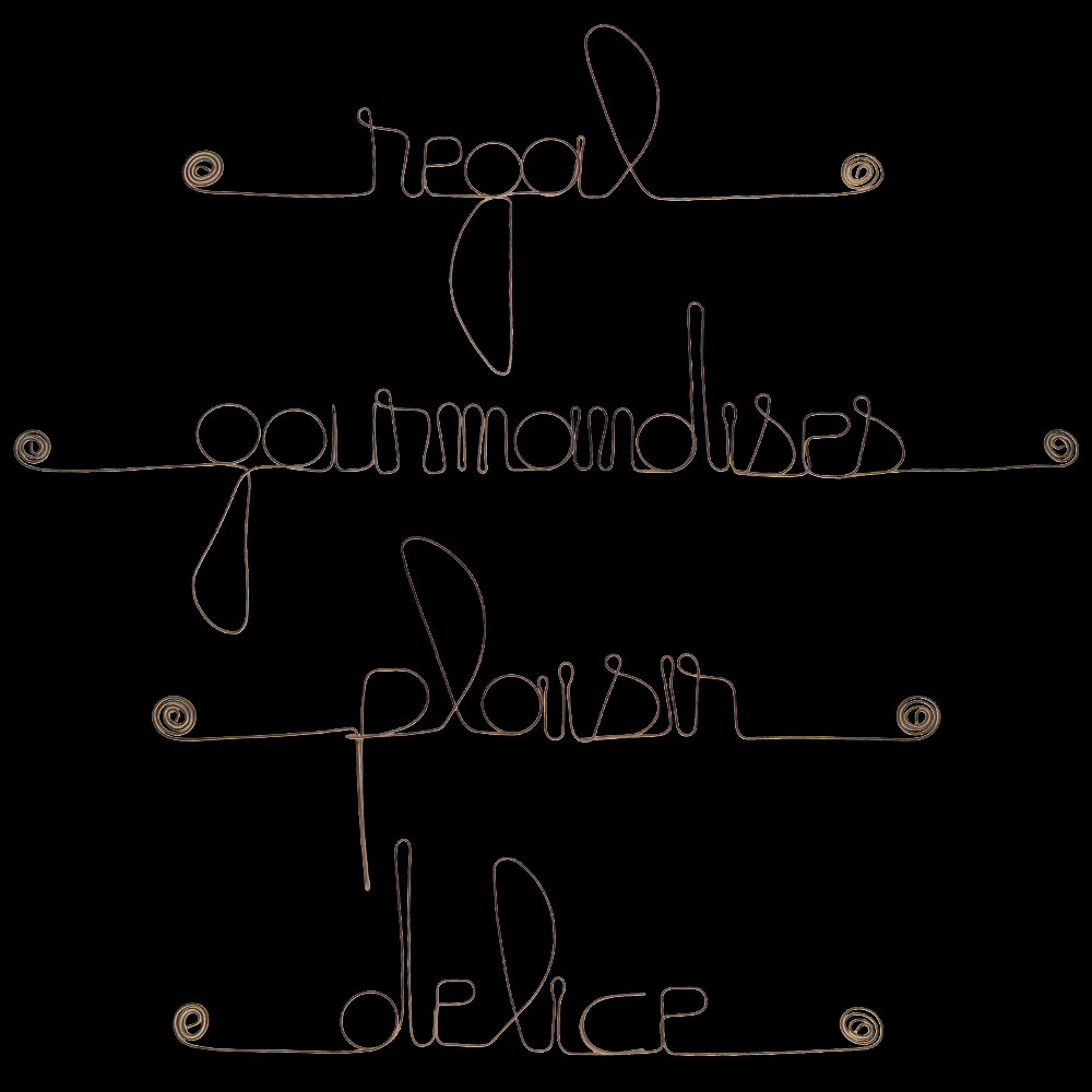 Set of small metal words for "CUISINE: Delight, Delicacies, Pleasure, Treat"