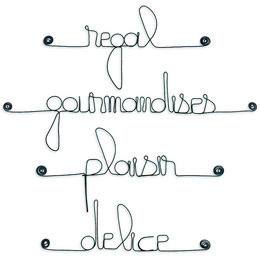 Set of small metal words for "CUISINE: Delight, Delicacies, Pleasure, Treat"
