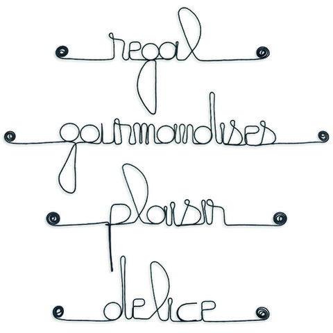 Set of small metal words for "CUISINE: Delight, Delicacies, Pleasure, Treat"