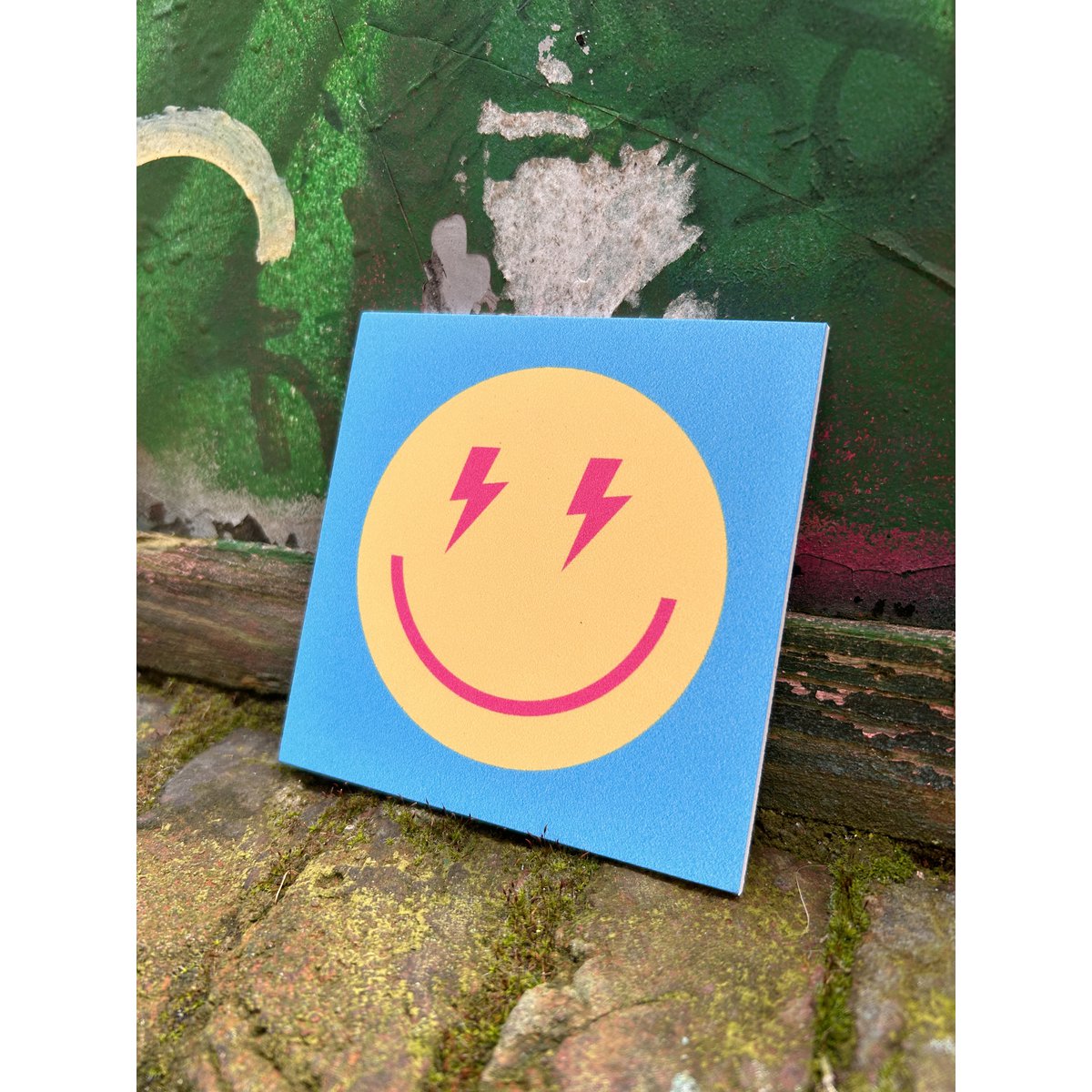 Forex tegeltje 10x10cm - Smiley geel blauw - #101030036