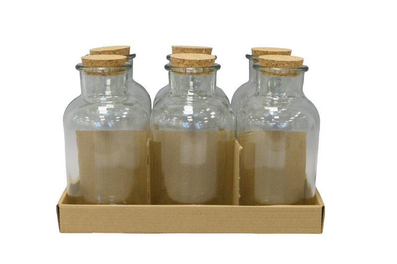 BOTELLA DE VIDRIO CON BANDEJA DE CORCHO/6PC TRANSPARENTE