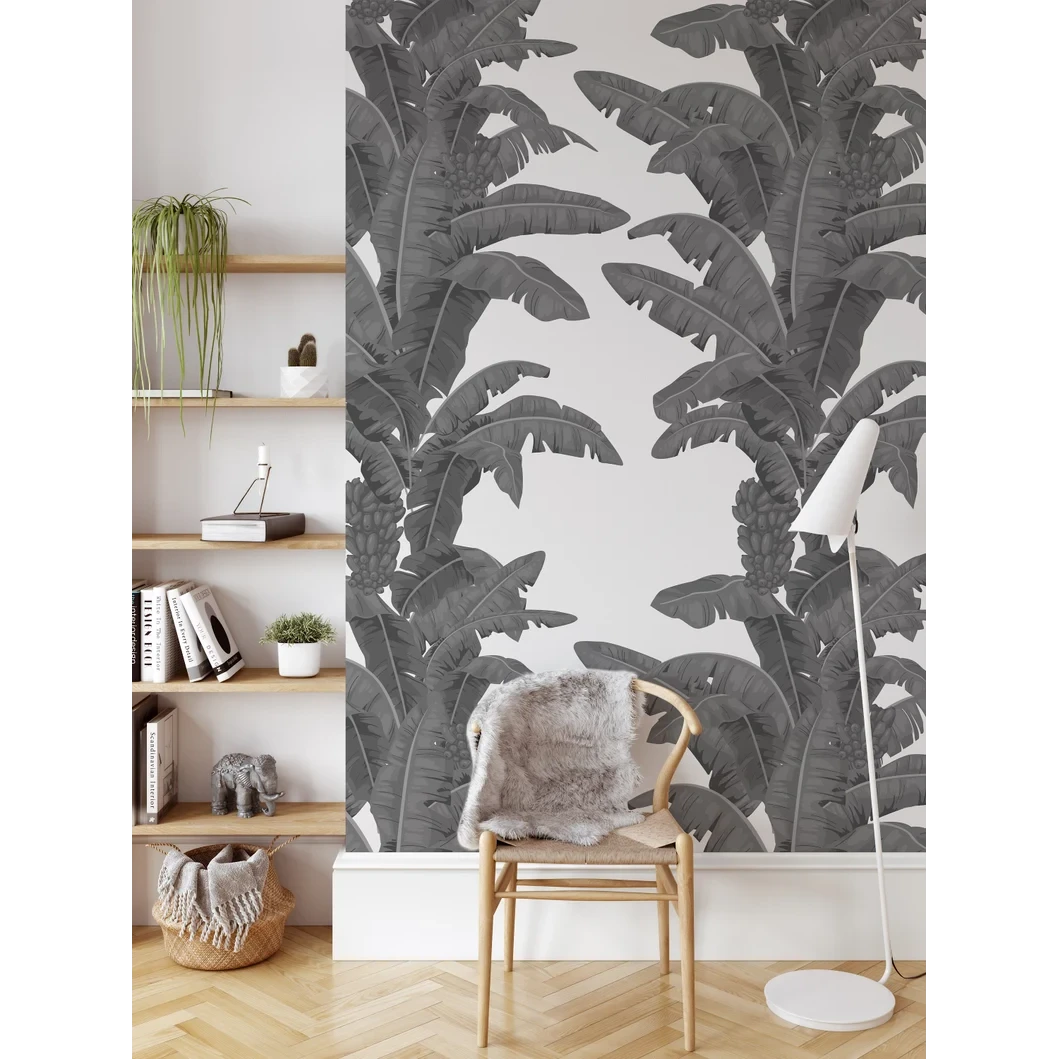 Tropische bladeren zwart-wit behang