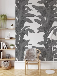Papel pintado de hojas tropicales en blanco y negro