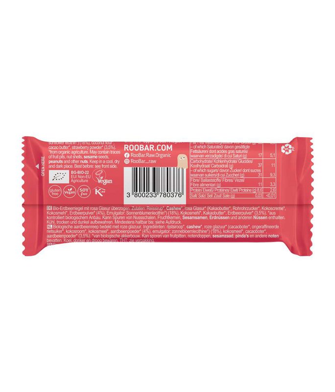 Roobar strawberry bar covered with pink glaze, organic, Roobar, 30g
