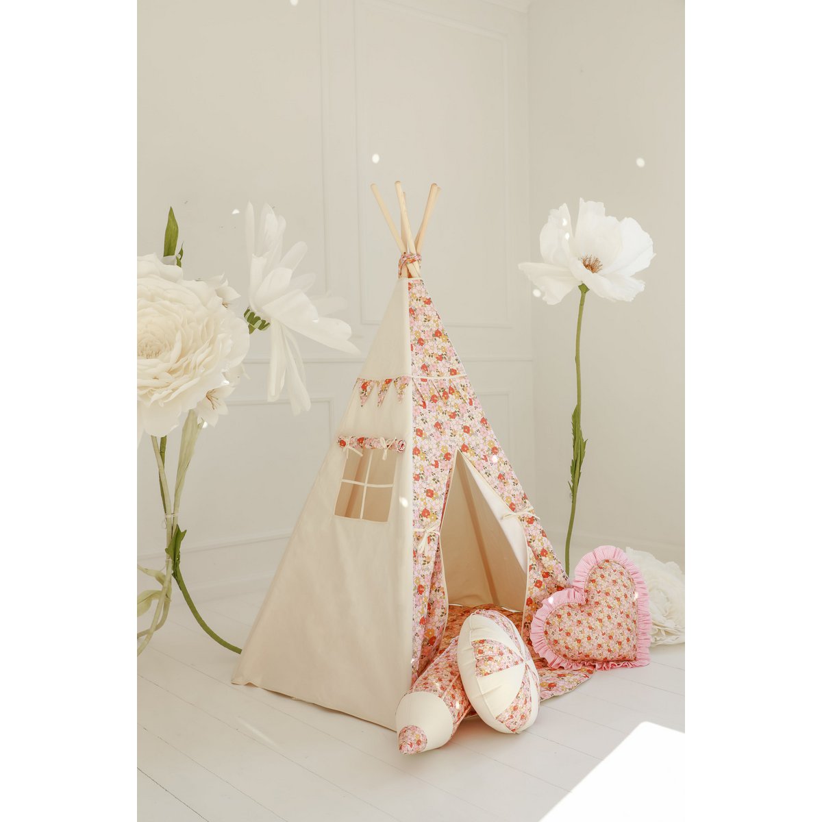 Baumwoll-Tipi-Zelt für Mädchen mit Blumendruck „Frühlingsgarten“