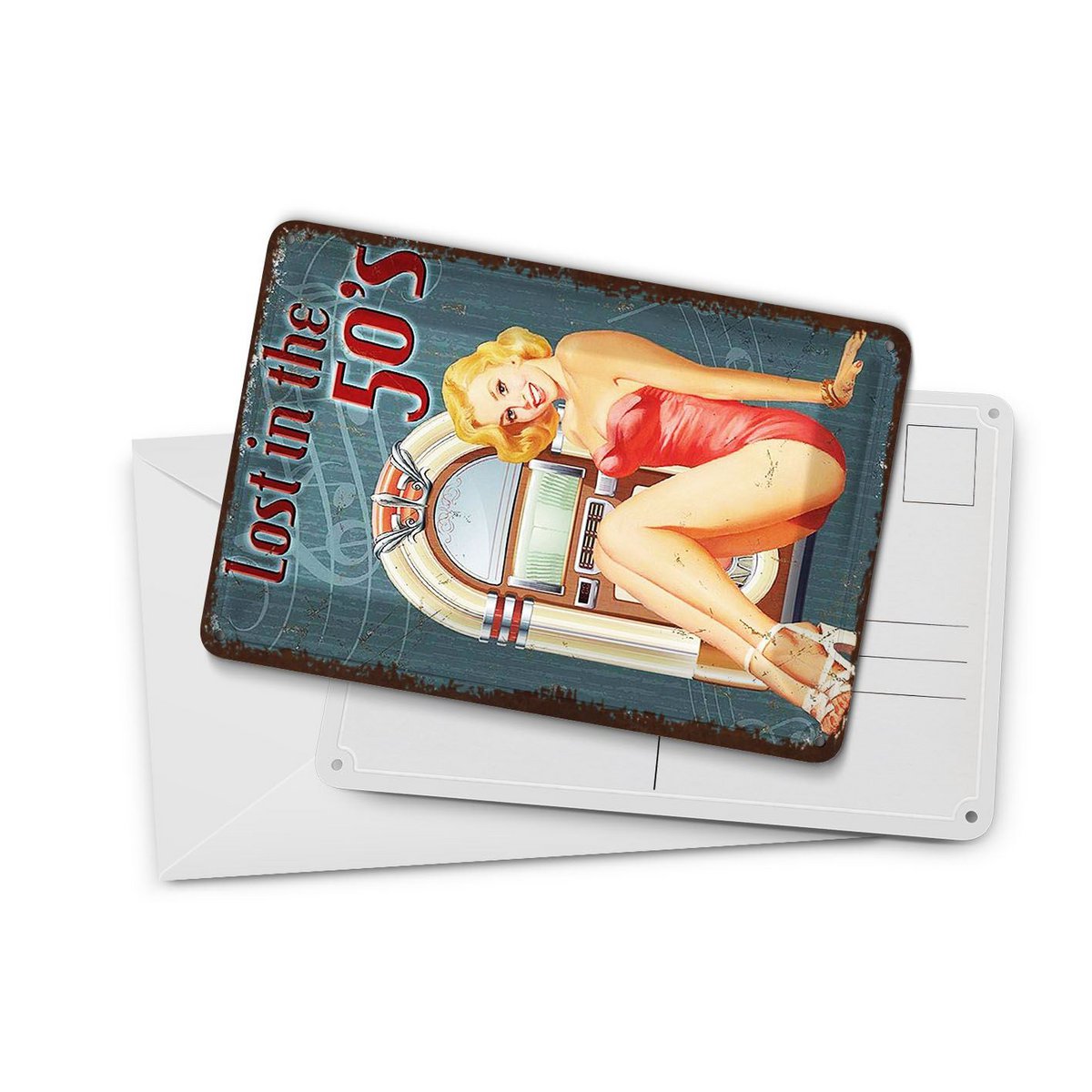 Tin postcard retro 10x14 cm Lost in the 50s woman with jute box decorative sign