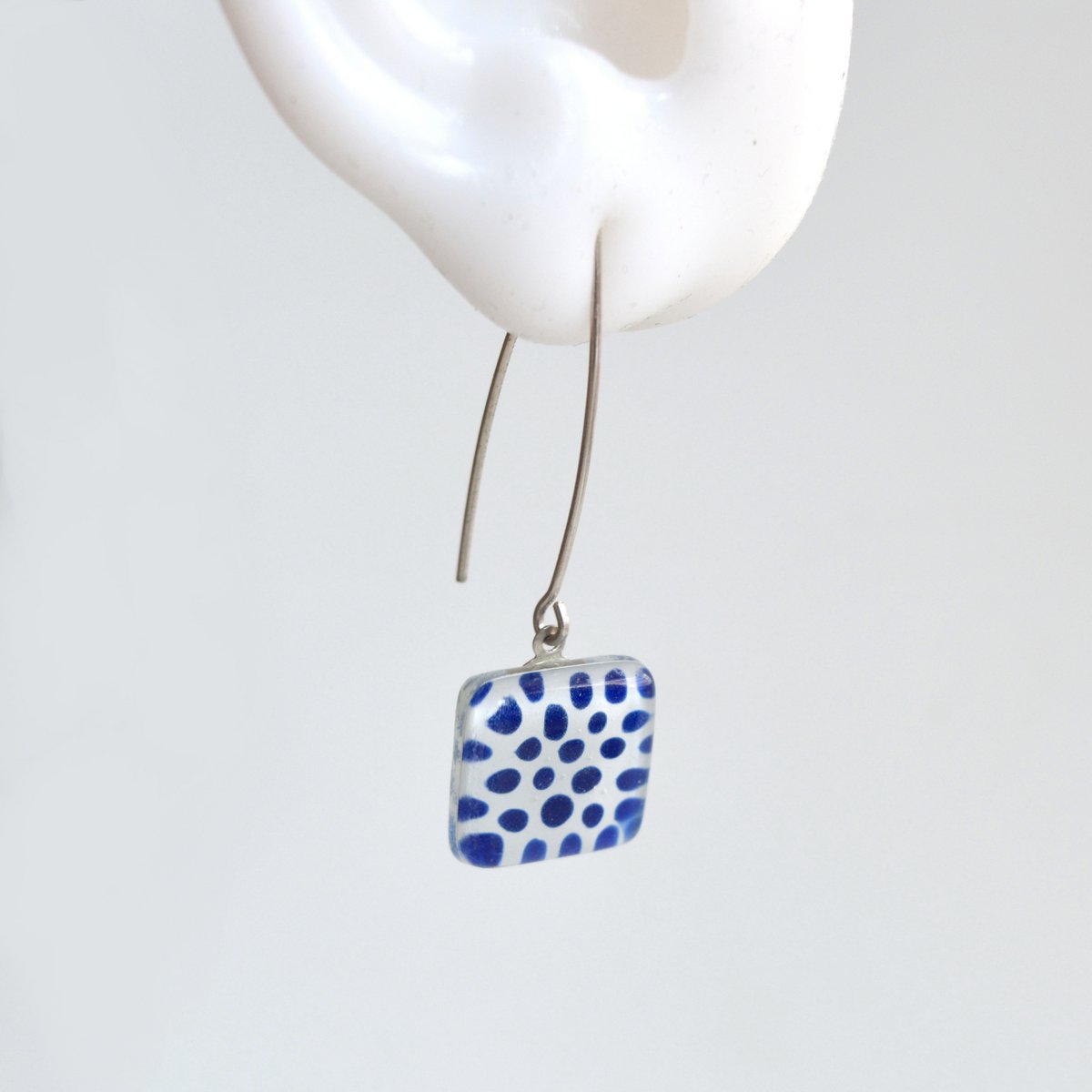 Cobalt blue Polka Dot earrings, Square glass charm dangle drop with long sterling silver hooks