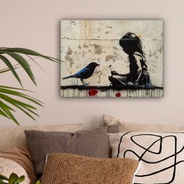 Canvas schilderij - Wanddecoratie Meisje - Street art - Vogel - Abstract - Graffiti - Modern - Muurdecoratie woonkamer - Kamer decoratie modern - Abstracte schilderijen