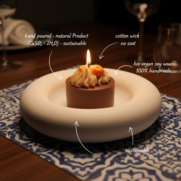 LAVURI Spicy Pumpkin Gourmet Dessert scented Candle, handmade, soy wax, including a sculptural stoneware plate, limestone, white, Duftkerze