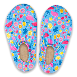 Colorful children's water shoes with vibrant fruit and tropical pattern, non-slip sole, blue pink yellow design.