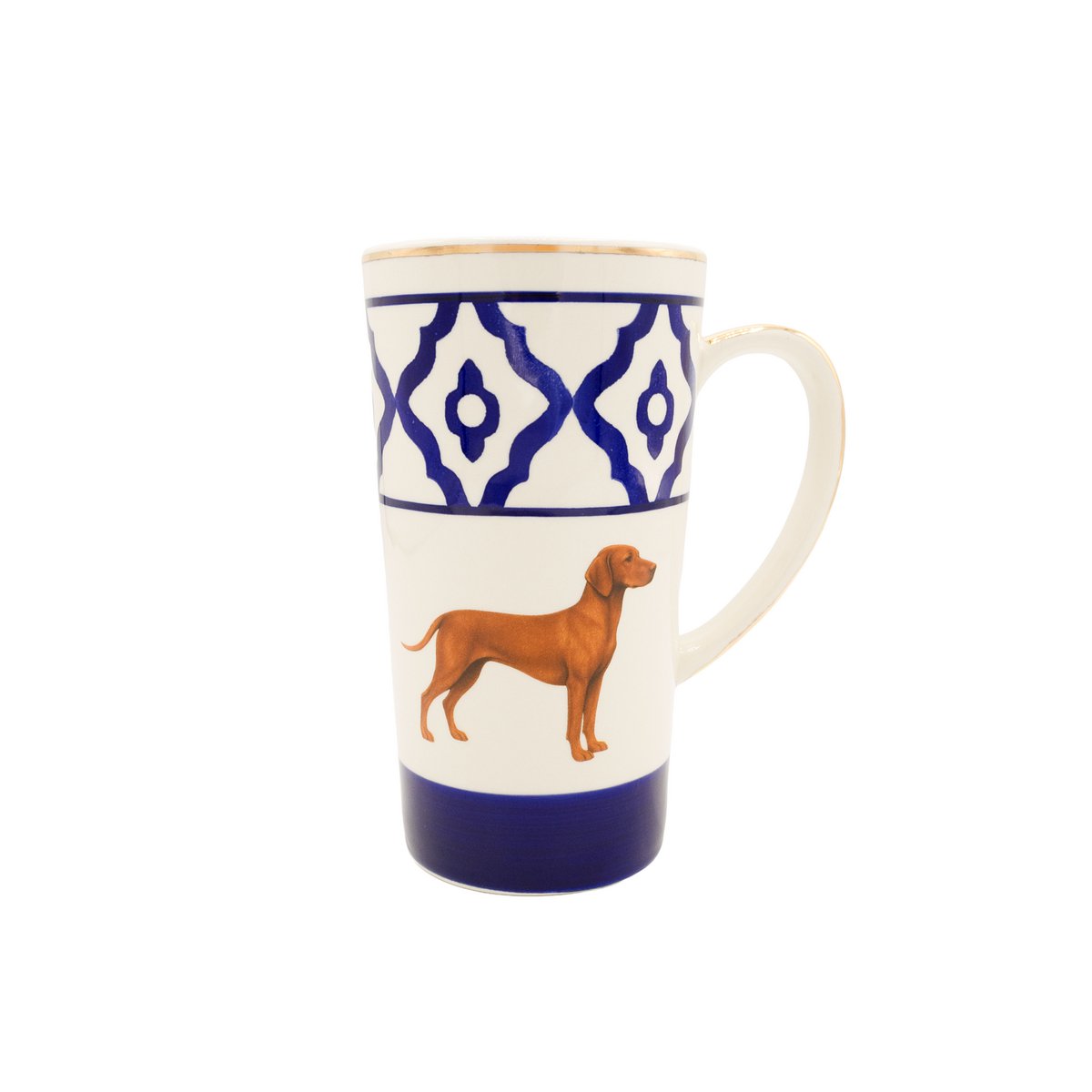 Taza de té modelo Vizsla de cerámica pintada a mano con motivo Vizsla, borde dorado y mango bañado en oro, 250 ml. Contenido de la taza disponible en rojo, verde y azul. Copiar