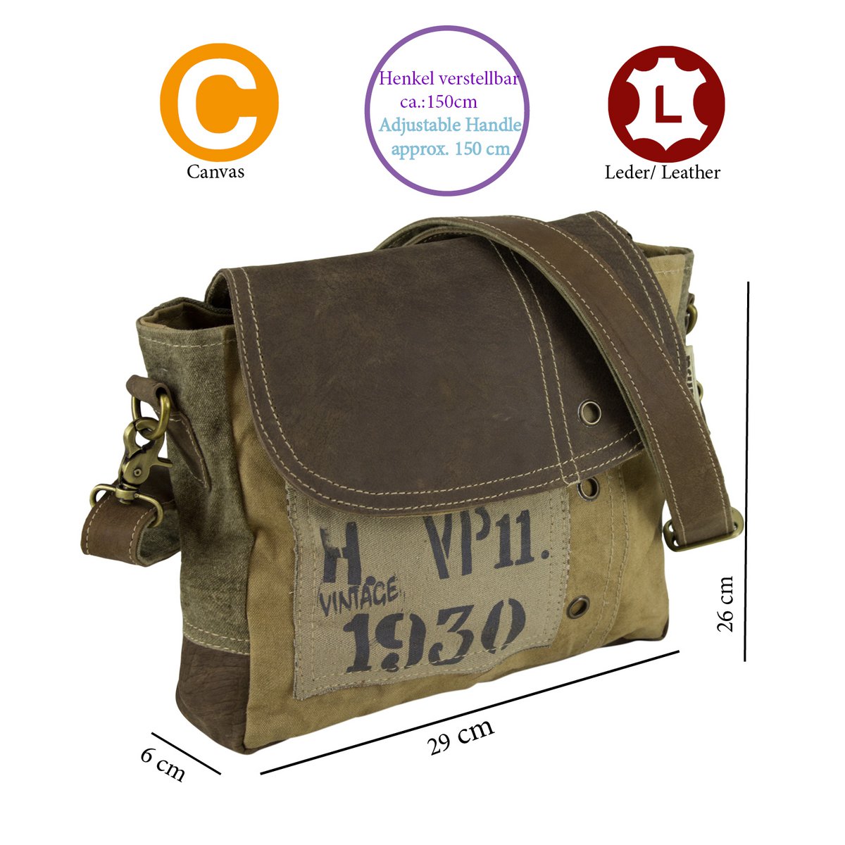Sunsa damestas. Schoudertas in koeriervorm. Schoudertas in vintagestijl. Canvas handtas. Grote crossbodytas voor dames.